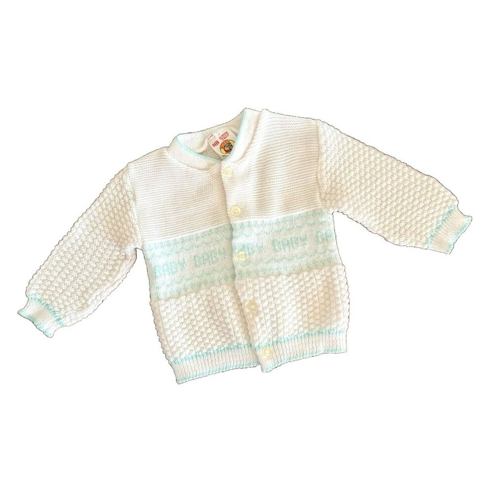 Vintage Winnie the Pooh "BABY" Boy Knit Cardigan Sweater Aqua Pastel Sweet Sz NB